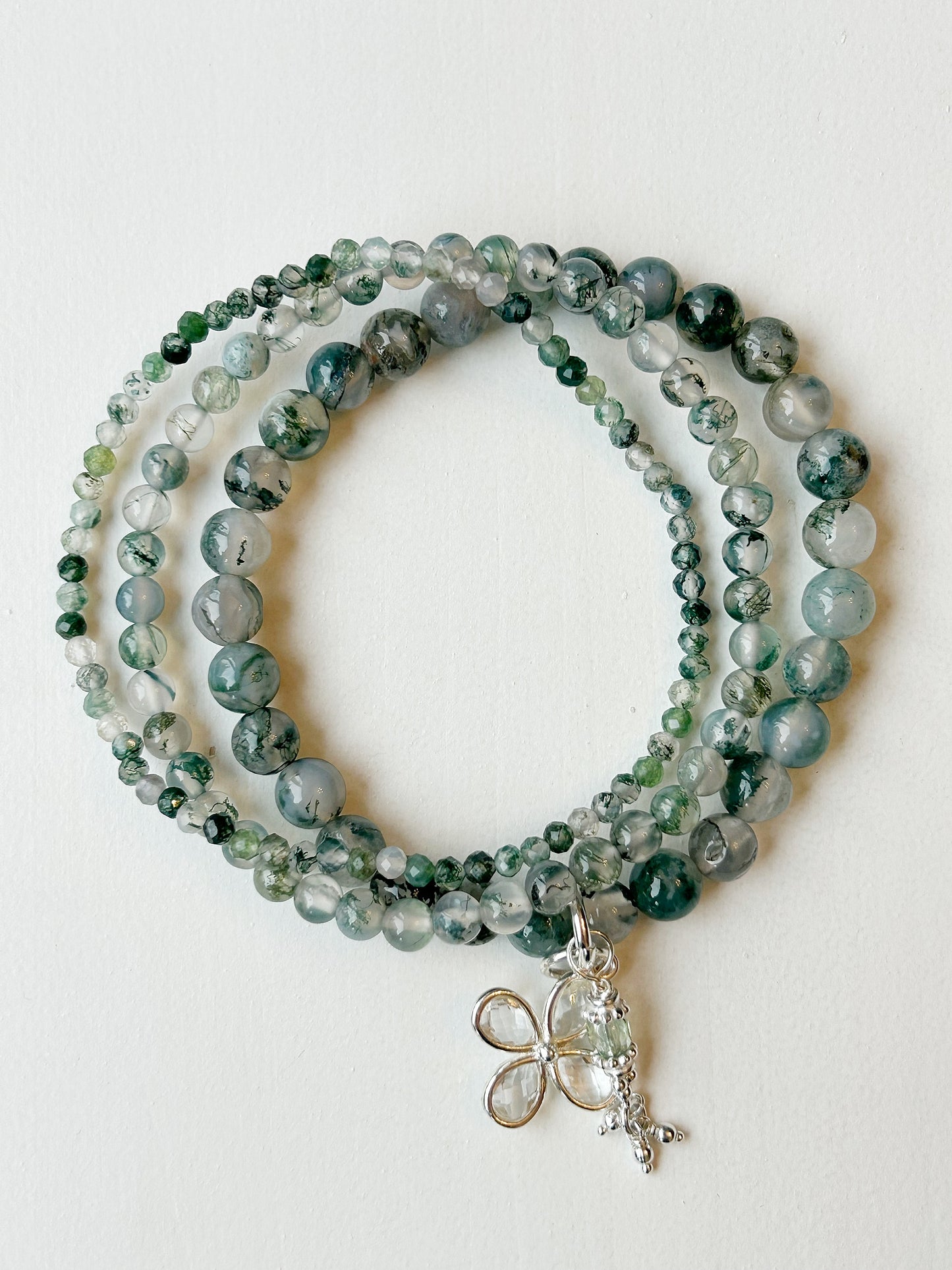 Moosachat und Bergkristall 3er Armbandset