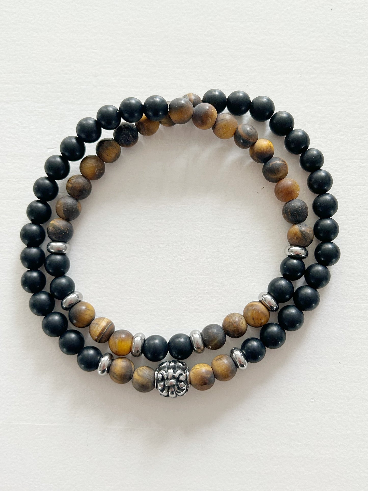 Armband 2-Reihig Tigerauge und Stahl