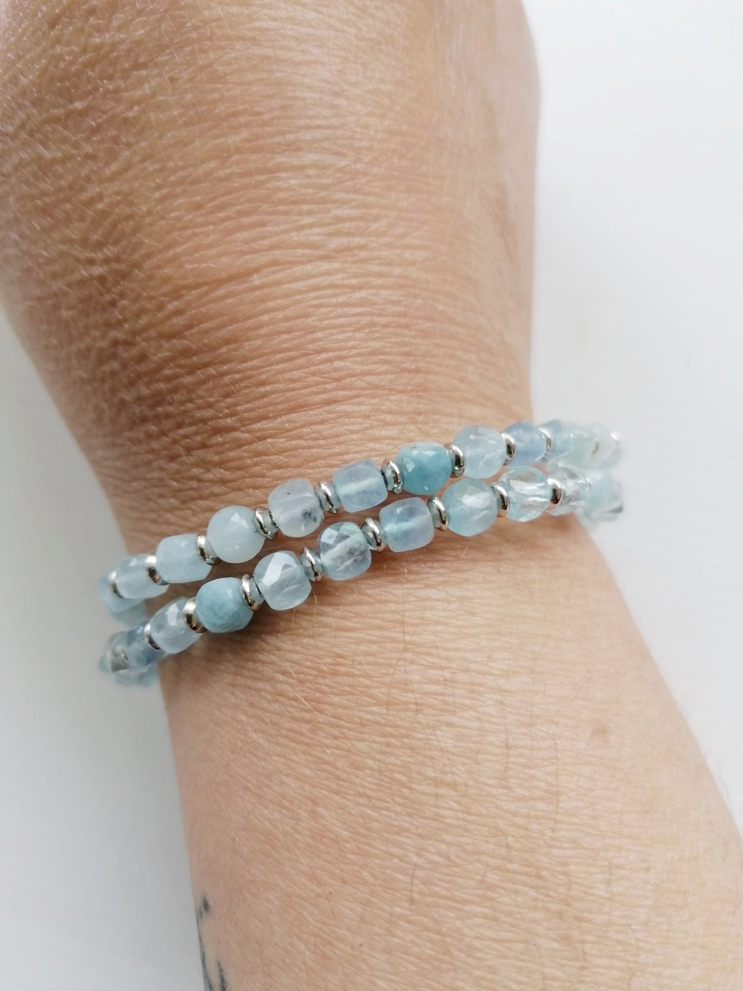 Armband Würfel Aquamarin mit Silberringe