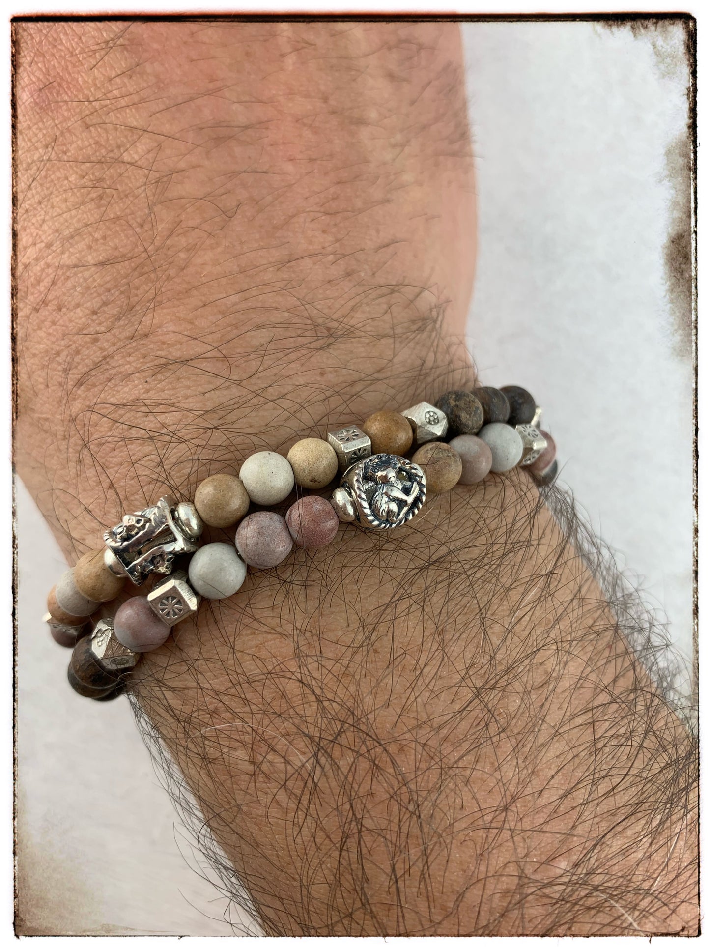 Armband Jaspis, Bronzit, Riverstone und Silber